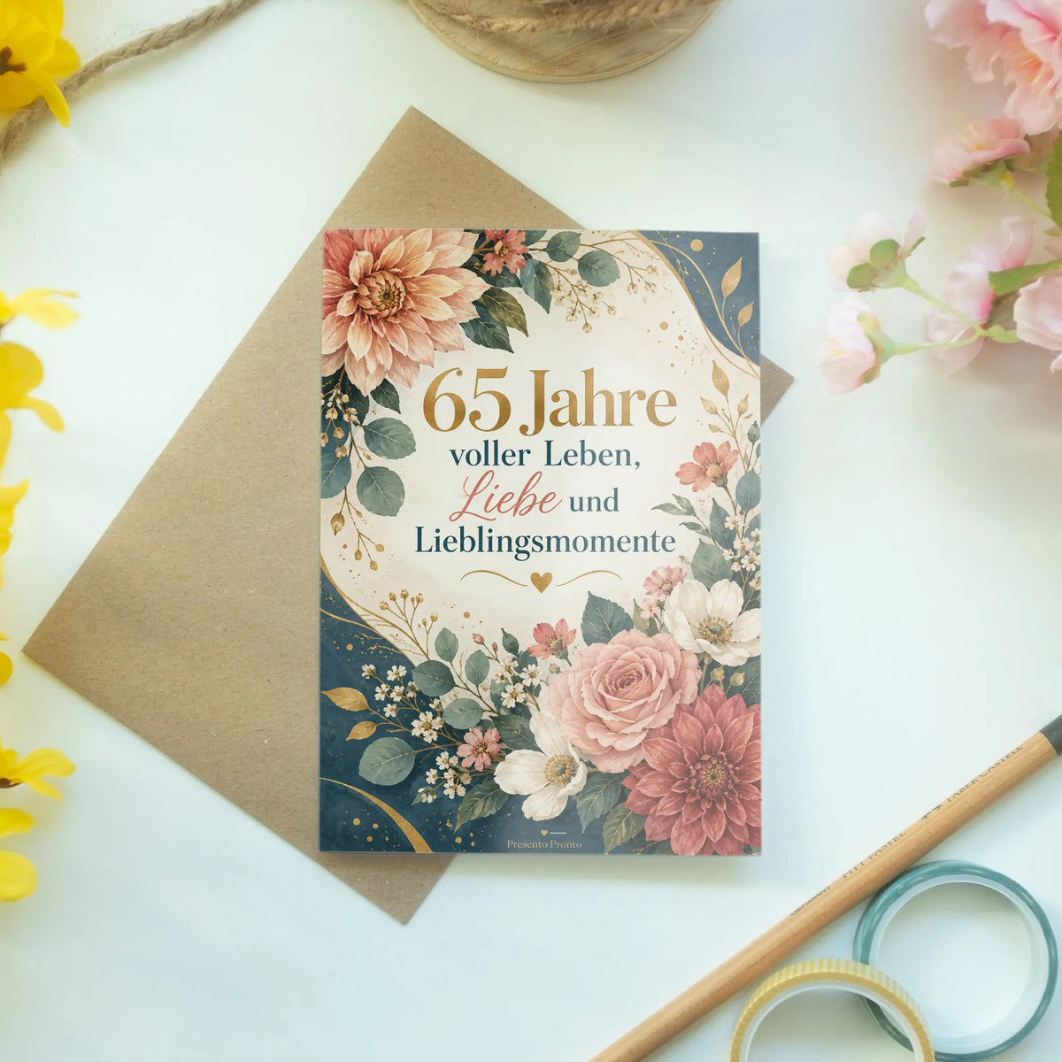 Elegante Geburtstagskarte für Frau zum 65 mit Blumen