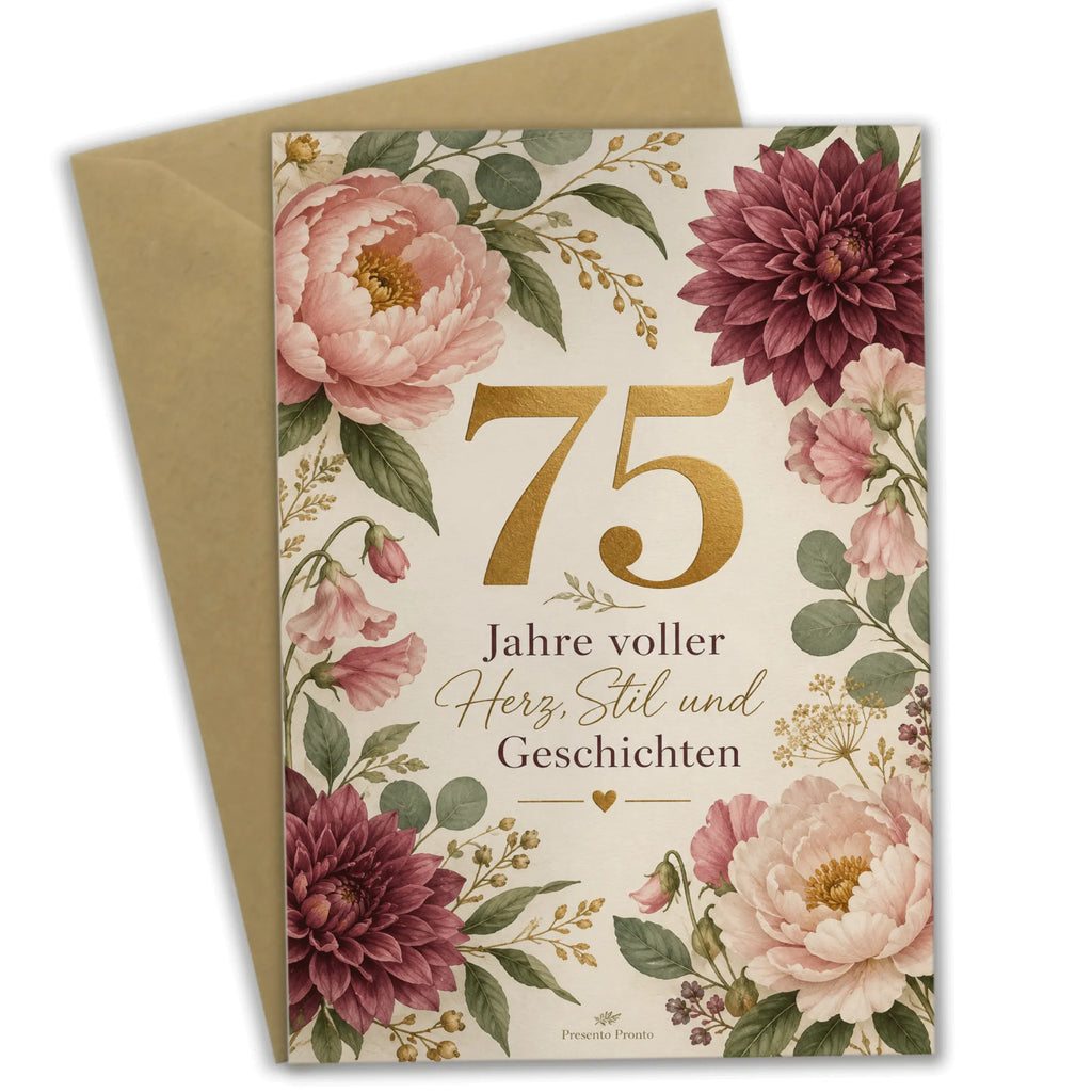 Elegante Geburtstagskarte zum 75. Geburtstag für Frauen mit Blumen|p:2020042|h:c8c932a106a756b589334b9a03069547