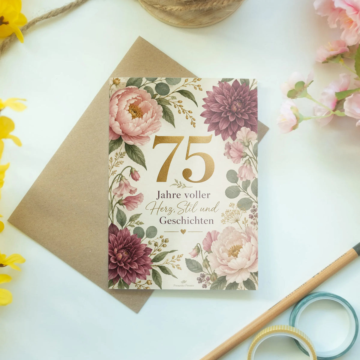 Elegante Geburtstagskarte zum 75. Geburtstag für Frauen mit Blumen