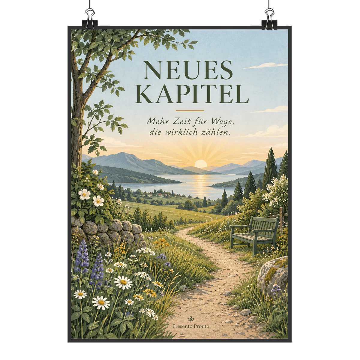 Besinnliches Plakat zum Ruhestand mit Sonnenaufgang