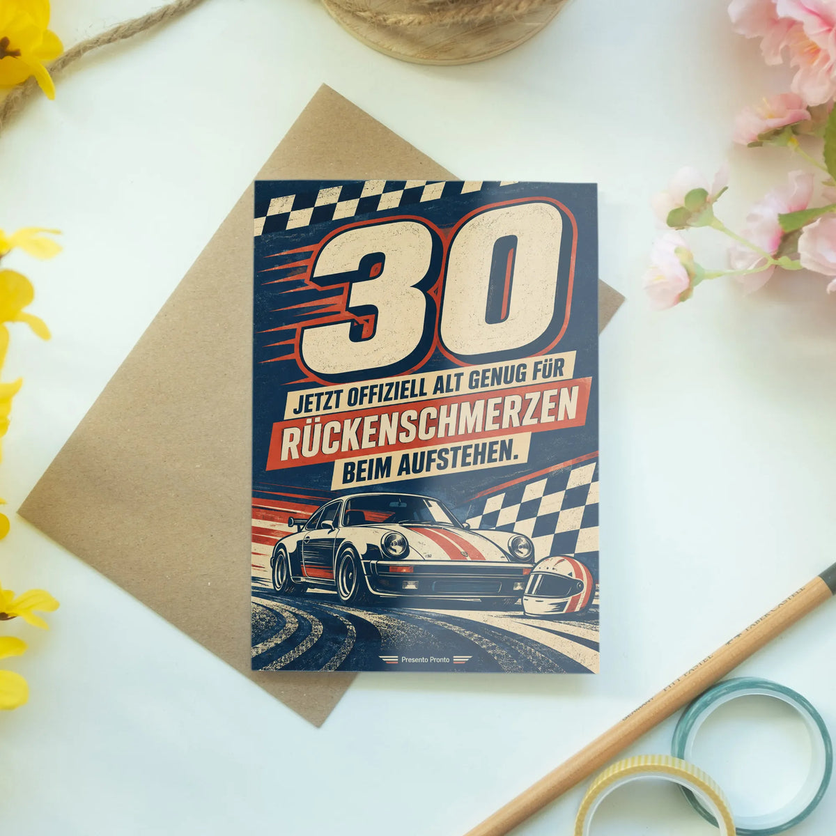 Lustige Geburtstagskarte zum 30. für Männer mit Rennauto