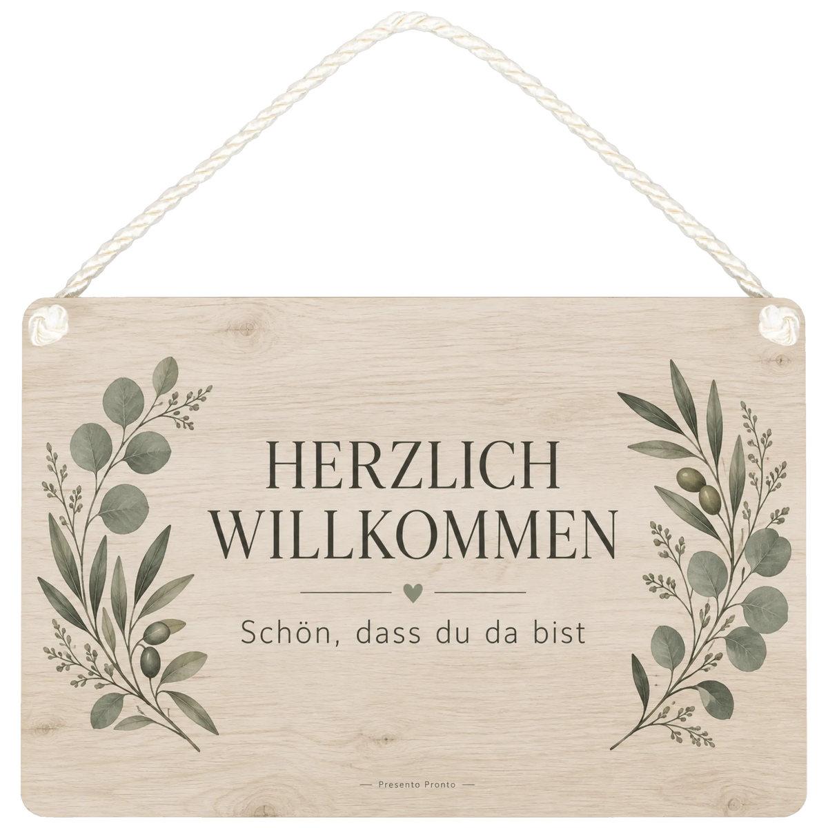 Einladendes Holzschild für die Haustür mit Eukalyptuszweigen