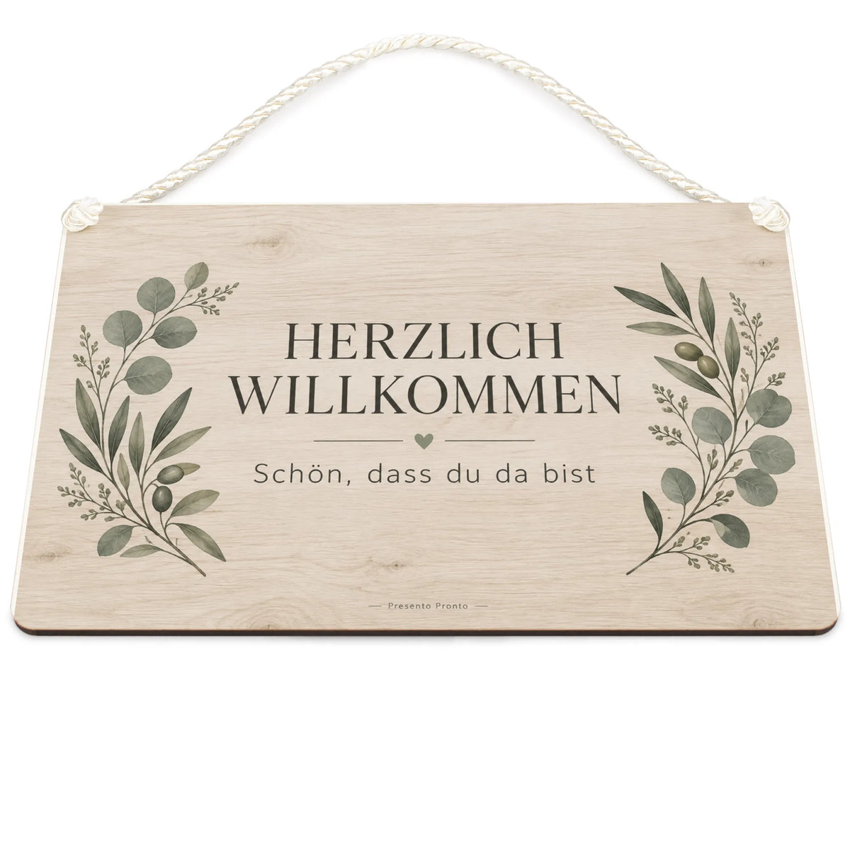 Einladendes Holzschild für die Haustür mit Eukalyptuszweigen