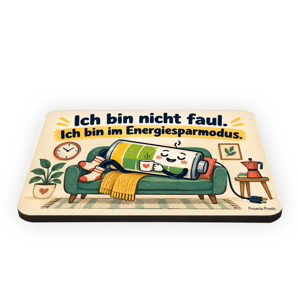 Lustiger Kühlschrankmagnet für Faule als Batterie auf Sofa