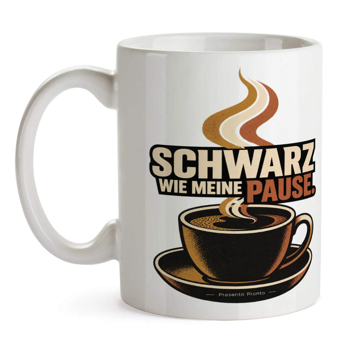 Lustige schwarze Keramiktasse für Kaffeeliebhaber mit dampfender Tasse