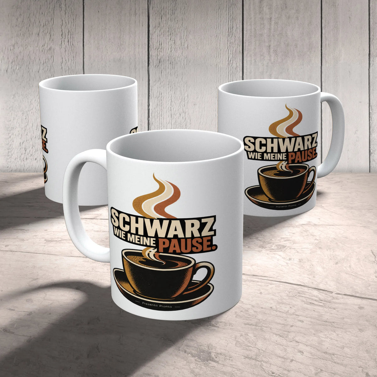 Lustige schwarze Keramiktasse für Kaffeeliebhaber mit dampfender Tasse