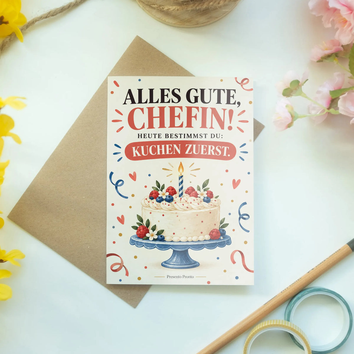 Lustige Geburtstagskarte für die Chefin mit Kuchen