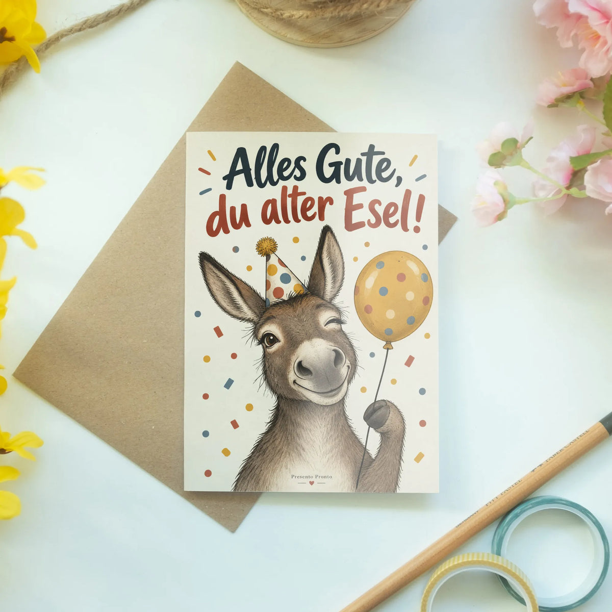 Lustige Geburtstagskarte mit Esel und Partyhut