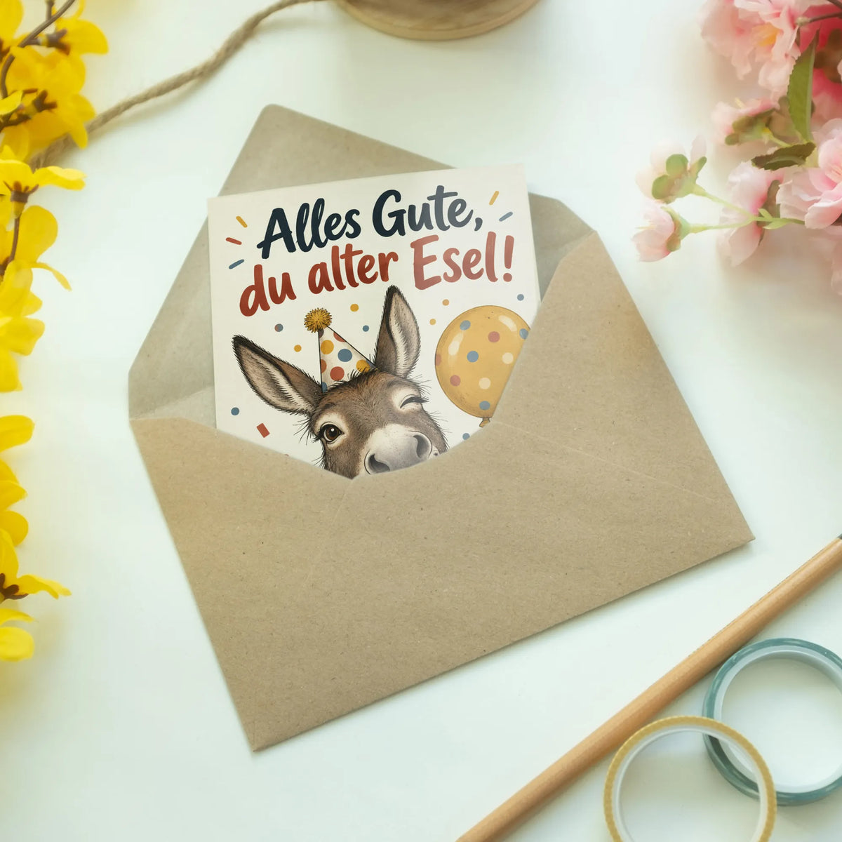 Lustige Geburtstagskarte mit Esel und Partyhut