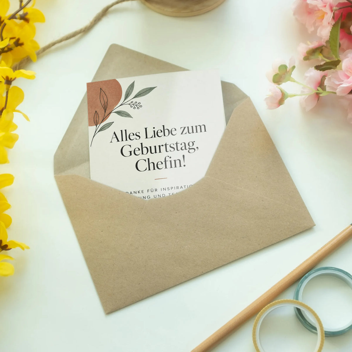 Elegante Geburtstagskarte für die Chefin mit botanischen Linien