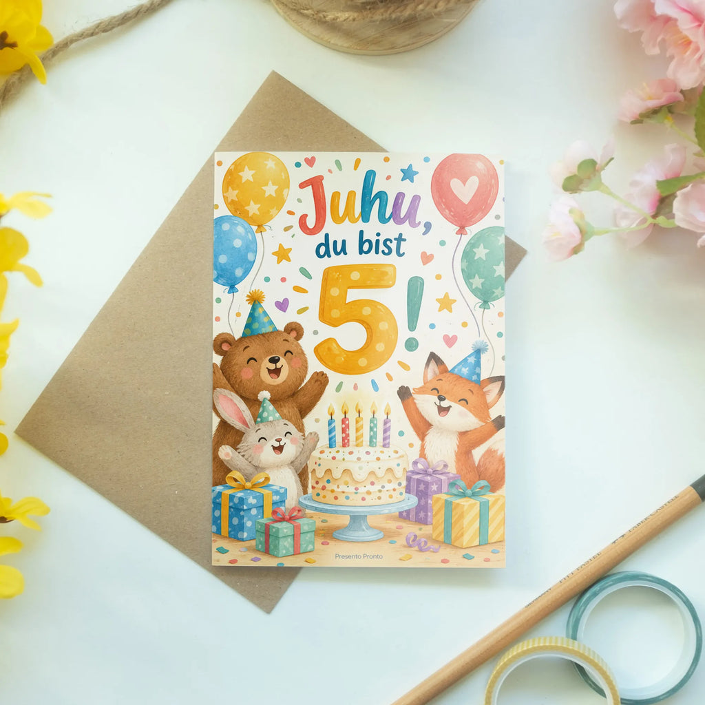 Fröhliche Geburtstagskarte zum 5. Geburtstag mit Zahl 5|p:2020212|h:dd3f08f0f0cae56bcff54fd9cb1d65cf