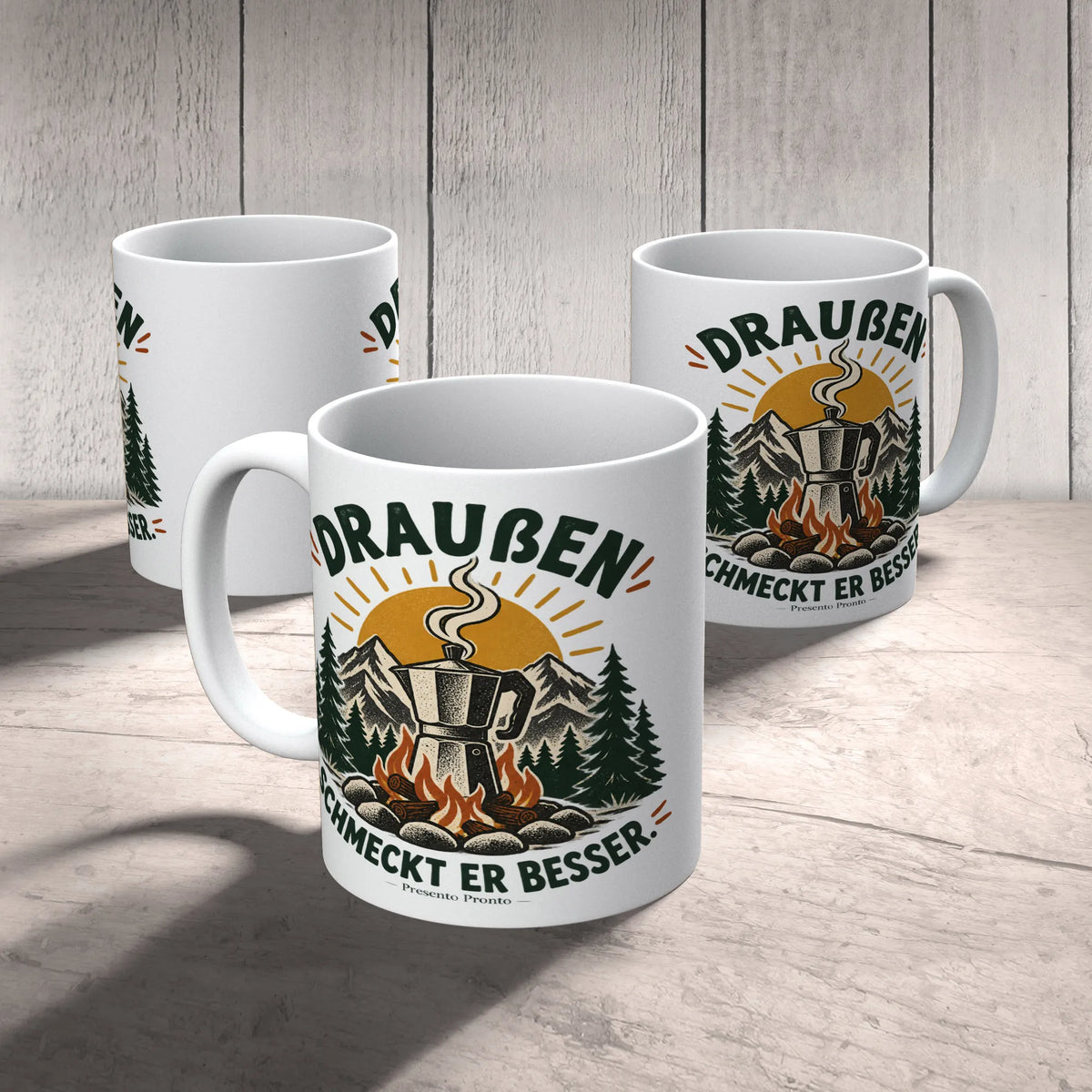 Gemütliche Outdoor Tasse für Camper mit Mokkakanne