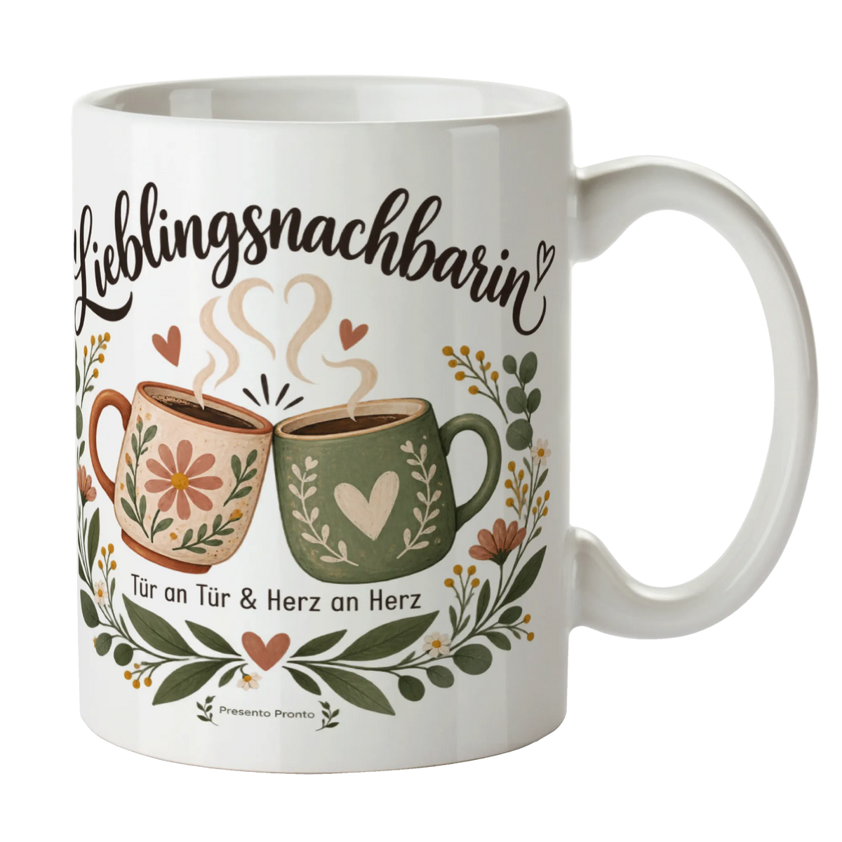 Herzliche Tasse für Nachbarin mit Blumenkranz