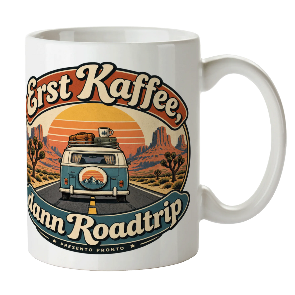 Lustige USA Tasse für Roadtrip Fans mit Sonnenuntergang