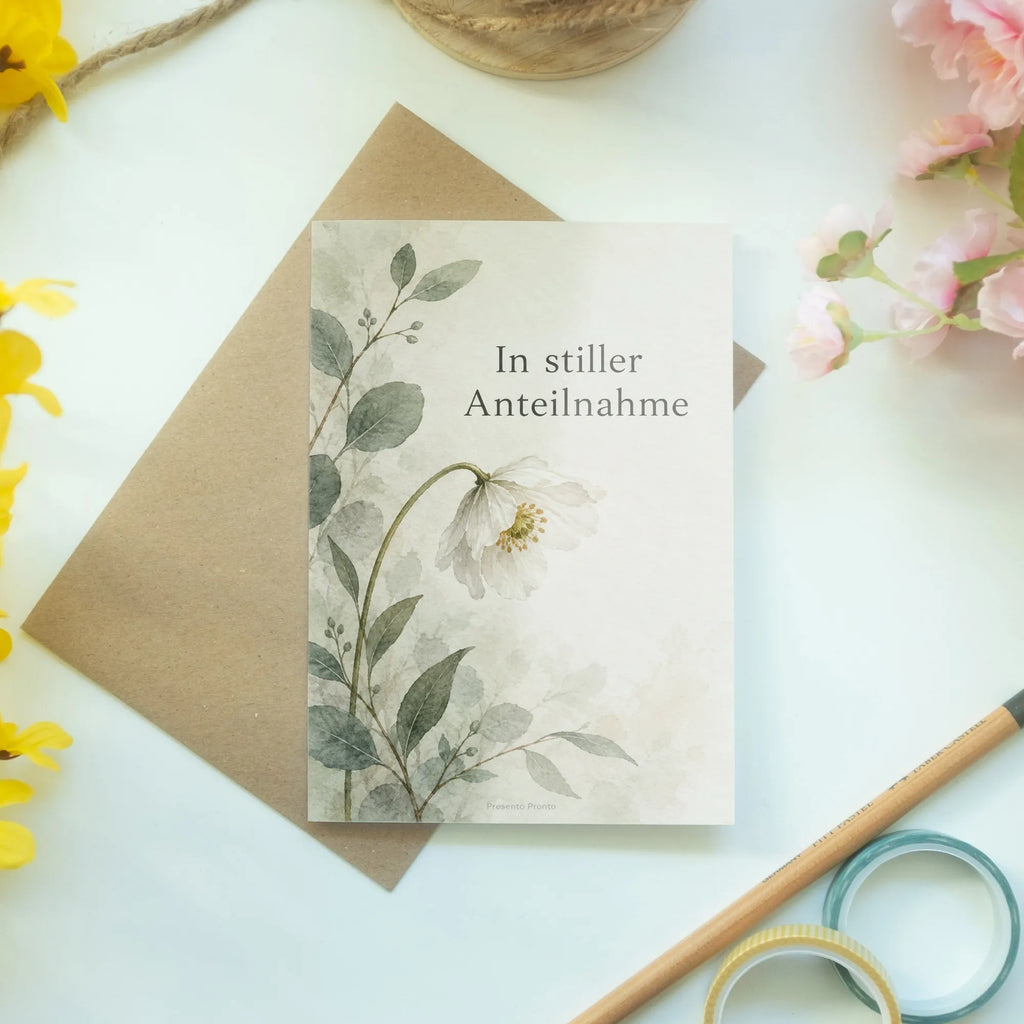 Stille Klappkarte zur Trauer mit weißer Wildblume|p:2020258|h:61c0dee06ac731df4dd861f82ab24c5e