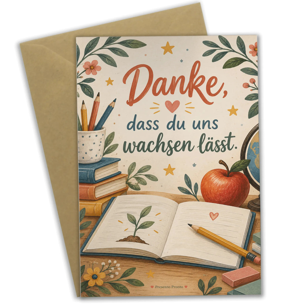 Wertschätzende Grußkarte für Lehrer mit Schulheft und Apfel
