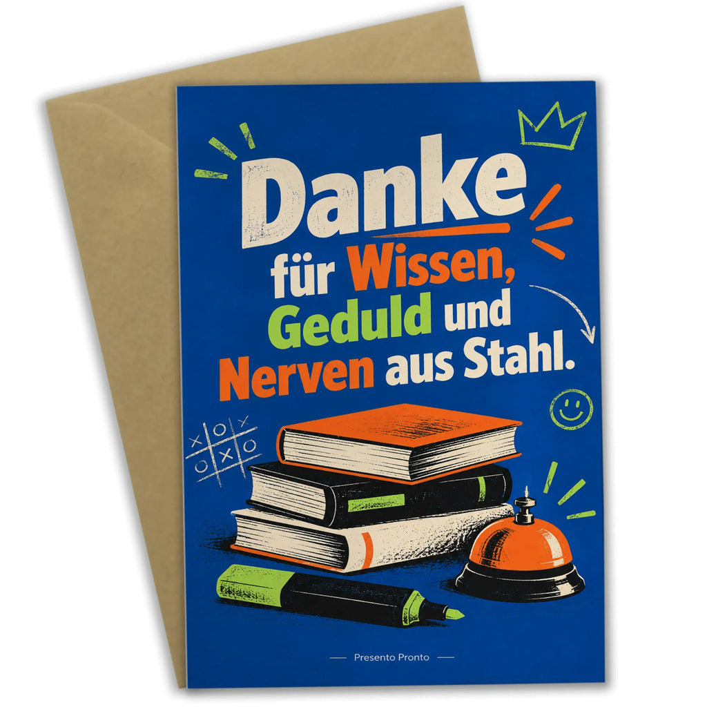 Lustige Grußkarte für Lehrer mit Bücherstapel|p:2020267|h:643d90db1fb7764a5886f374e669ec20