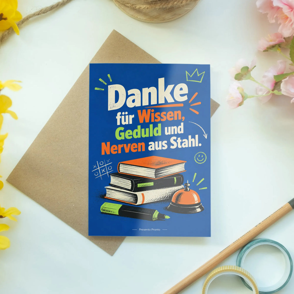 Lustige Grußkarte für Lehrer mit Bücherstapel