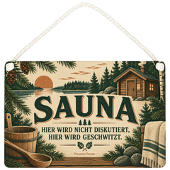 Lustiges Schild für die Sauna mit Saunahütte