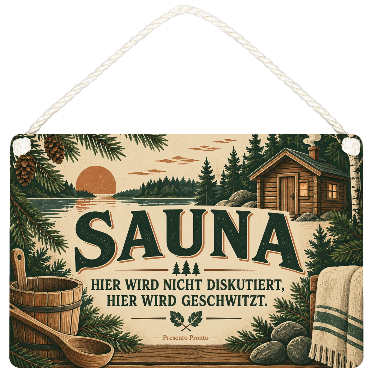 Lustiges Schild für die Sauna mit Saunahütte