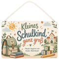 Liebevolles Holzschild für Schulkinder mit Schulranzen und ABC