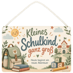 Liebevolles Holzschild für Schulkinder mit Schulranzen und ABC