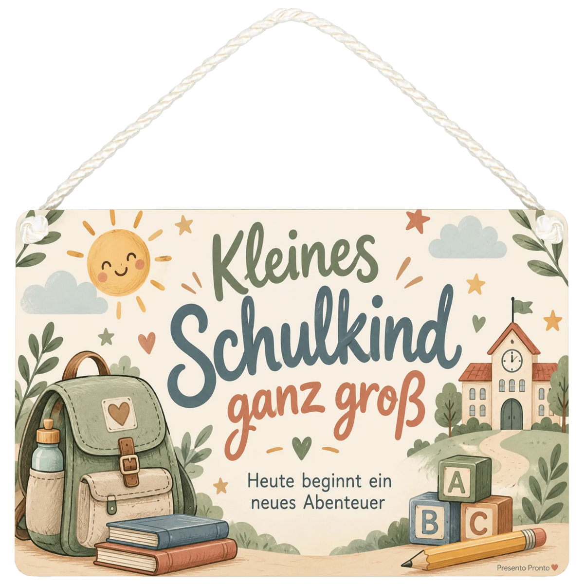 Liebevolles Holzschild für Schulkinder mit Schulranzen und ABC