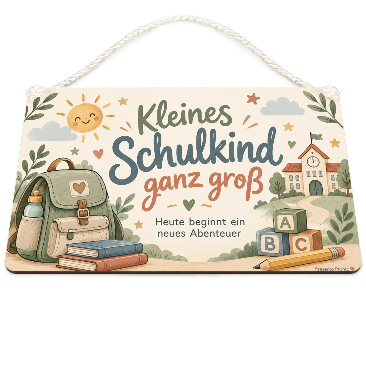 Liebevolles Holzschild für Schulkinder mit Schulranzen und ABC