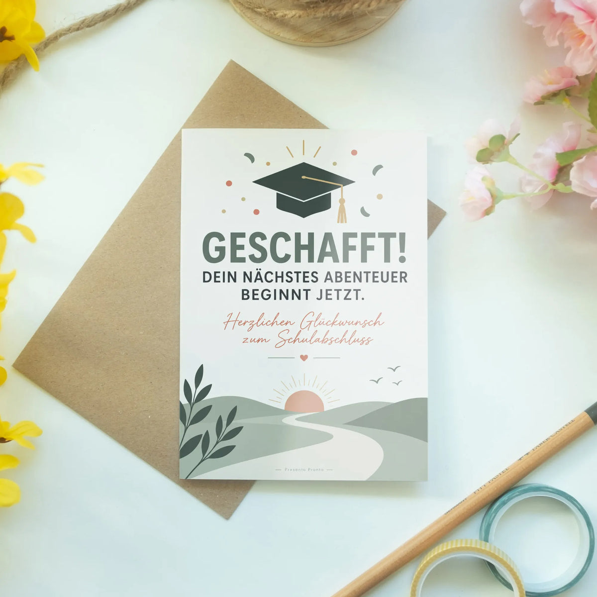 Herzliche Glückwunschkarte zum Schulabschluss mit Abschlusskappe