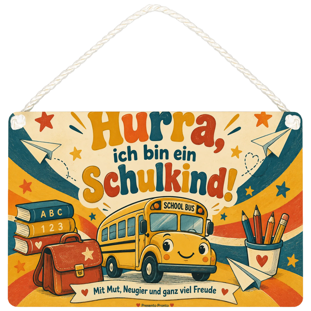 Fröhliches Holzschild für Schulkinder mit Retro-Schulbus|p:2020319|h:e1064fd27211751635c440b3e4712298
