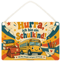 Fröhliches Holzschild für Schulkinder mit Retro-Schulbus