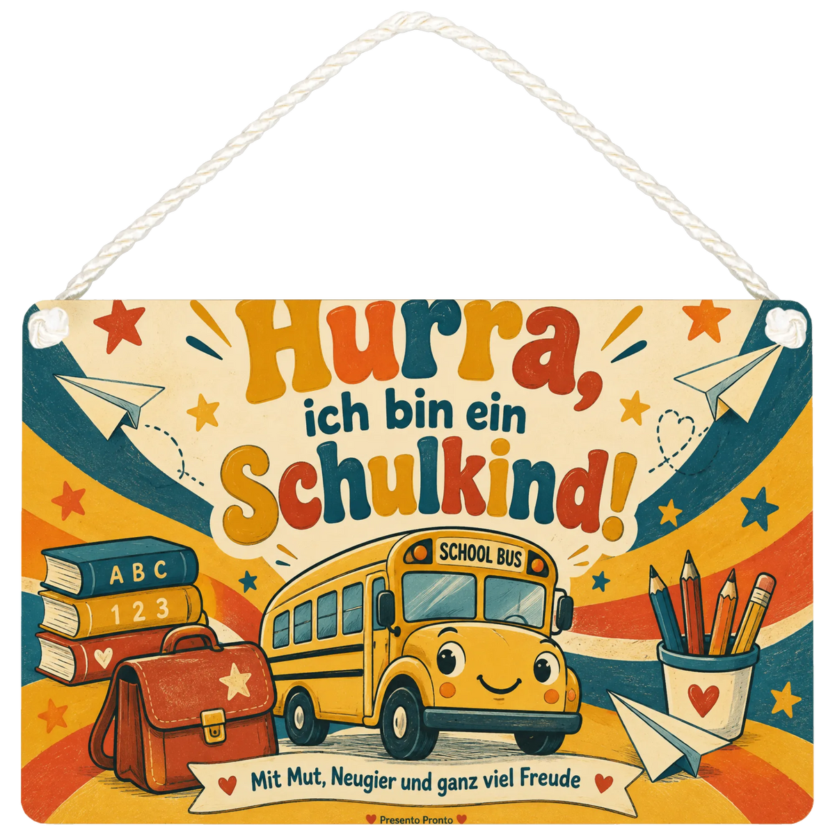 Fröhliches Holzschild für Schulkinder mit Retro-Schulbus
