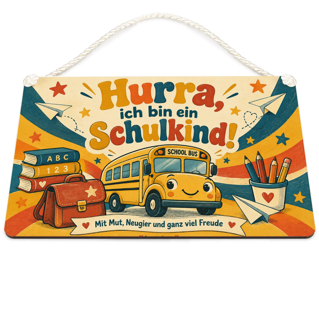 Fröhliches Holzschild für Schulkinder mit Retro-Schulbus|p:2020319|h:6ebc9239cf490ee2cf14921d8603ebb8