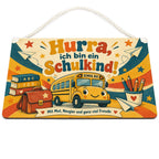 Fröhliches Holzschild für Schulkinder mit Retro-Schulbus|p:2020319|h:6ebc9239cf490ee2cf14921d8603ebb8