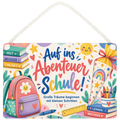 Fröhliches Holzschild für Schulkinder mit Schulrucksack