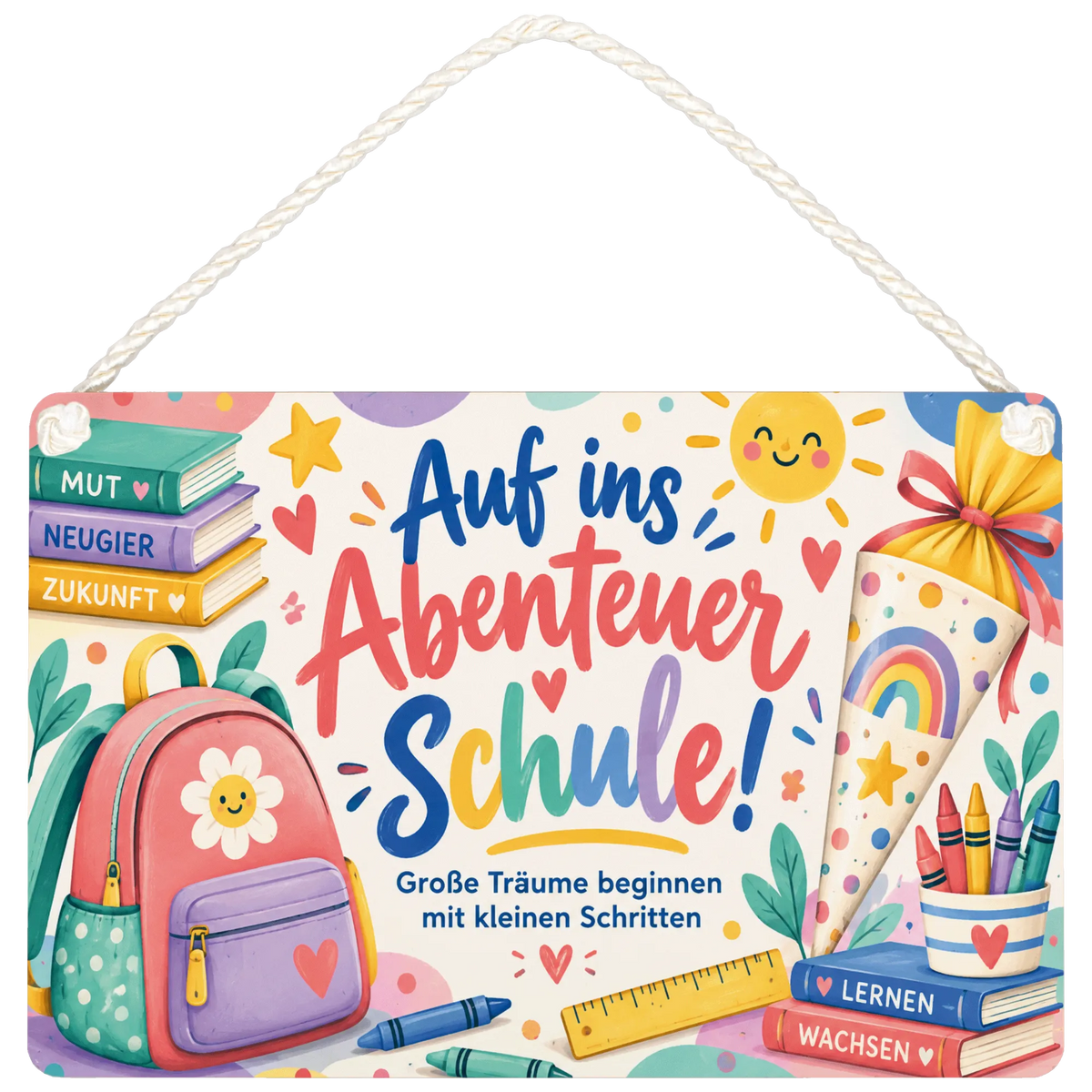 Fröhliches Holzschild für Schulkinder mit Schulrucksack
