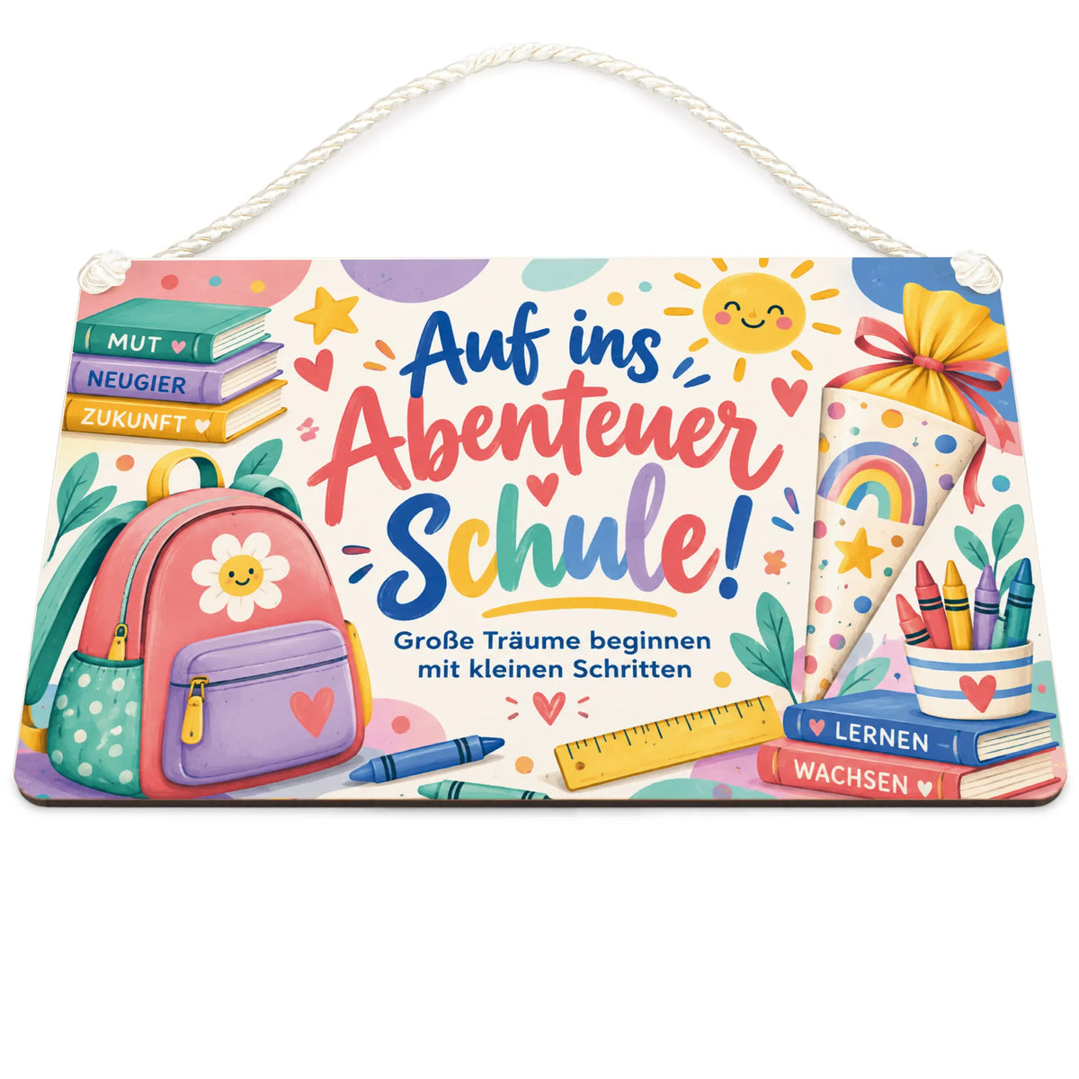 Fröhliches Holzschild für Schulkinder mit Schulrucksack