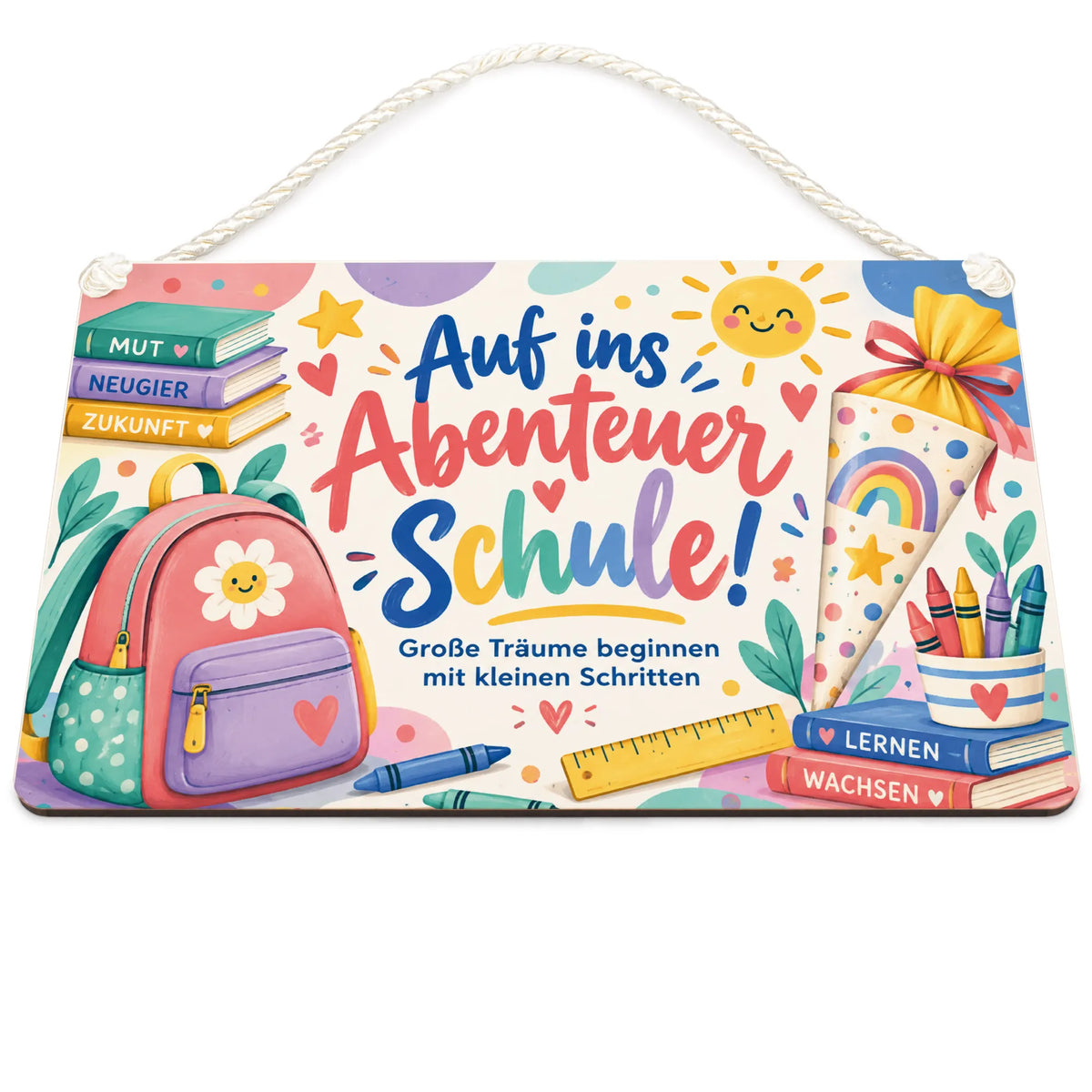 Fröhliches Holzschild für Schulkinder mit Schulrucksack