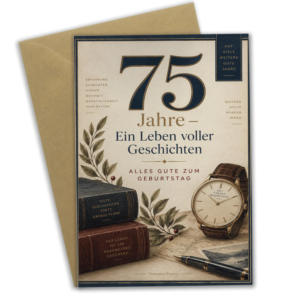 Elegante Geburtstagskarte zum 75. Geburtstag für Männer mit Armbanduhr|p:2020424|h:55c9ecadaf2c13314f24ae9b108a87e5