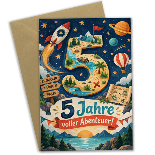 Abenteuerliche Geburtstagskarte zum 5. Geburtstag mit Rakete|p:2020426|h:a331566dba911c424803b56d9e21e6bc