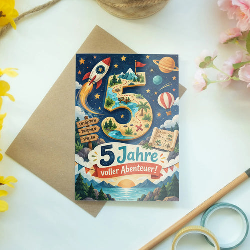 Abenteuerliche Geburtstagskarte zum 5. Geburtstag mit Rakete|p:2020426|h:dd972838054c42c4490f6d42df03d910