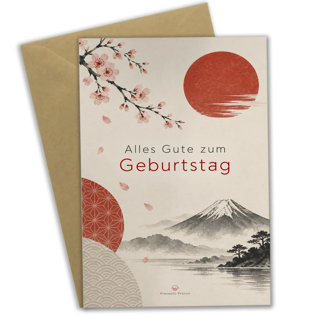 Elegante Japanische Geburtstagskarte mit roter Sonne und Sakura