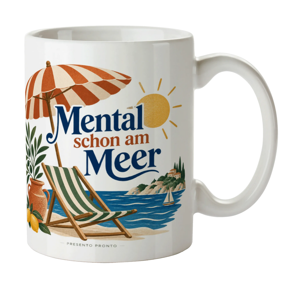 Lustige Kaffeetasse für den Urlaub mit Sonnenschirm