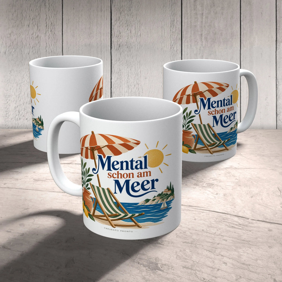 Lustige Kaffeetasse für den Urlaub mit Sonnenschirm
