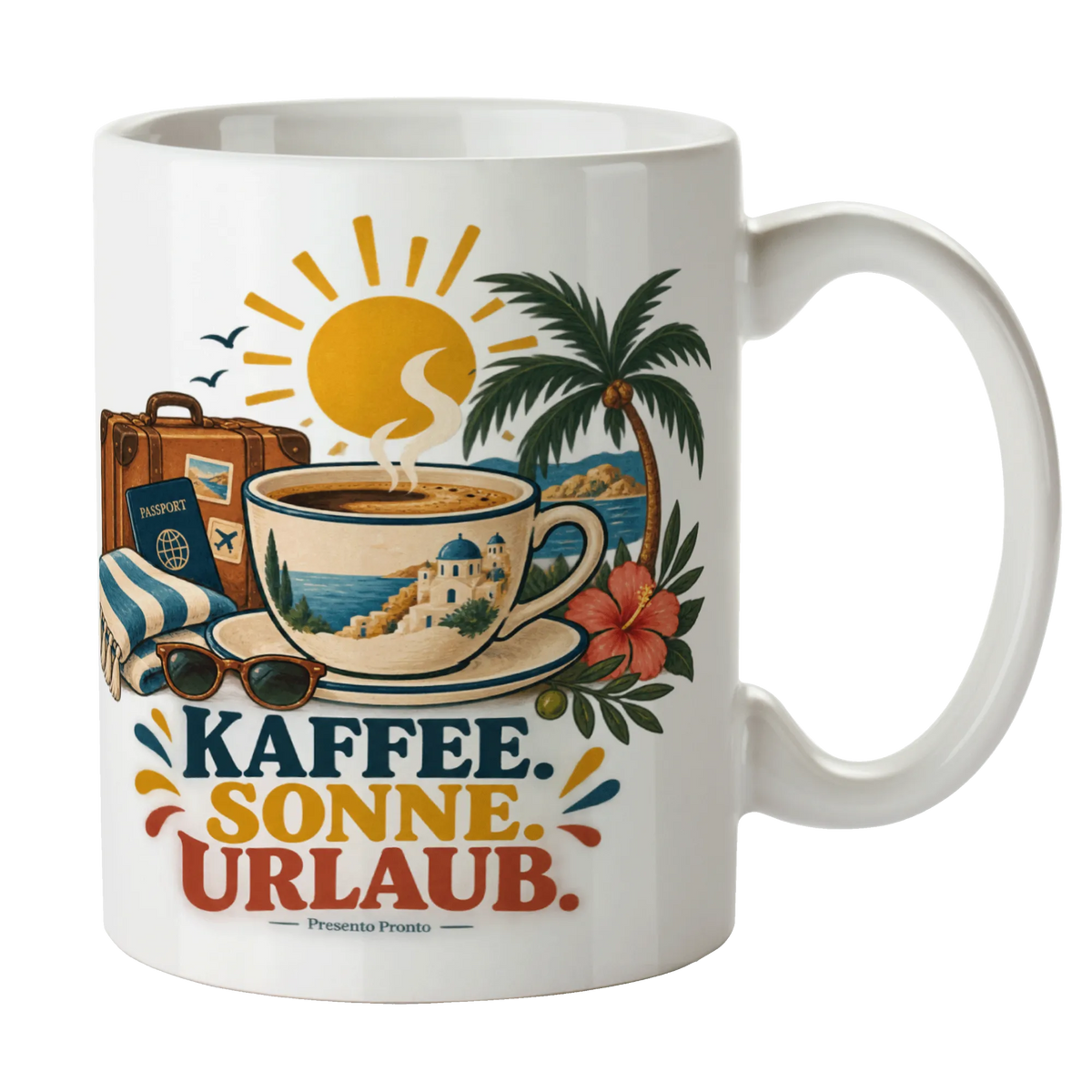 Lustige Kaffeetasse für Urlaub mit Retro-Sonne