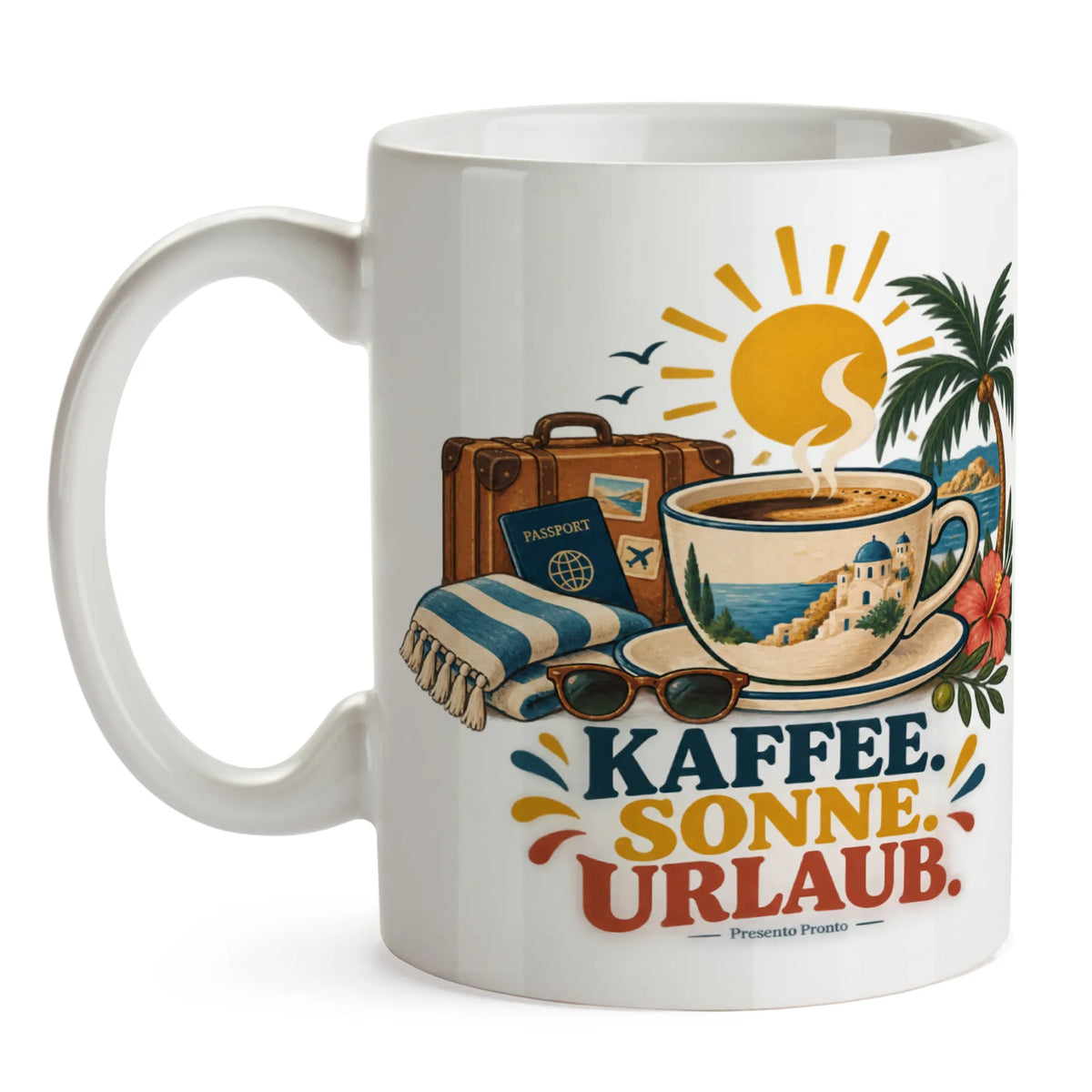 Lustige Kaffeetasse für Urlaub mit Retro-Sonne