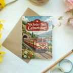 Lustige Geburtstagskarte mit rotem Vintage-Zug|p:2020435|h:31e14fed3ae2dd04bb36418203616a2f