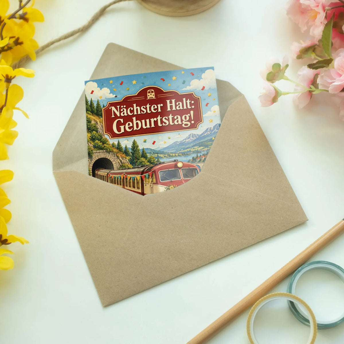 Lustige Geburtstagskarte mit rotem Vintage-Zug