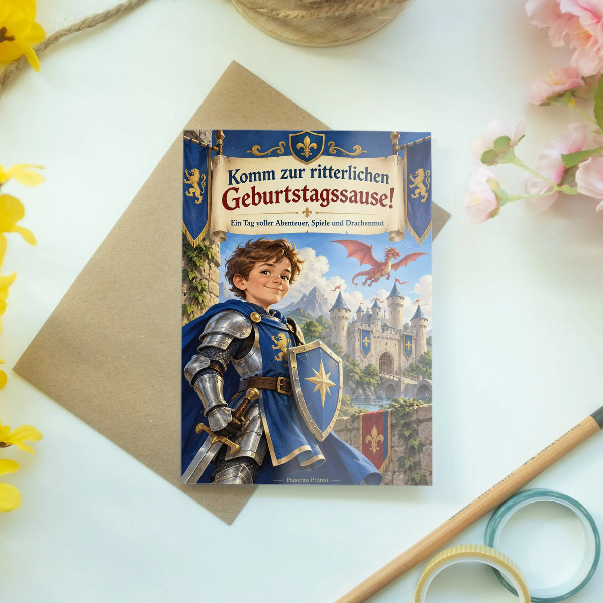 Abenteuerliche Einladungskarten zum Rittergeburtstag mit Drache