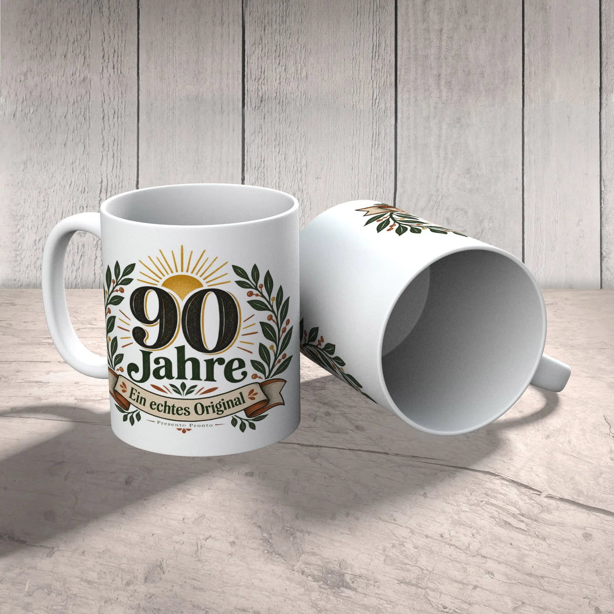 Festliche Tasse zum 90. Geburtstag mit Lorbeerzweig